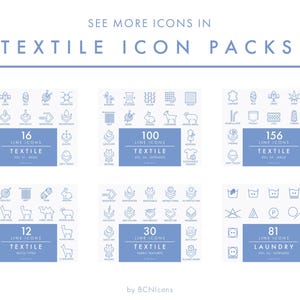 May include: A digital collection of textile and laundry line icons organized into six distinct sets. Each set features a blue rectangular label with white text indicating the icon count, category, and volume, such as 16, 100, 156, 12, 30, and 81.