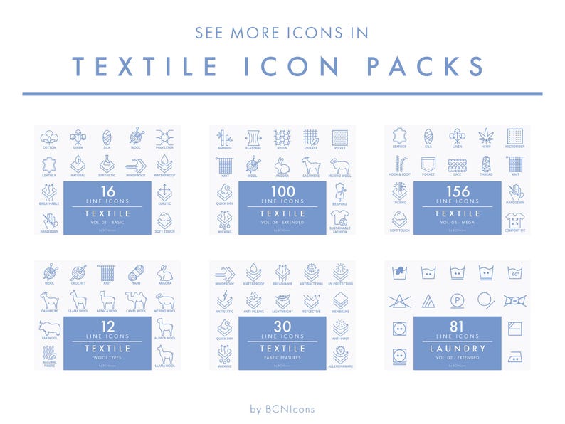 May include: A digital collection of textile and laundry line icons organized into six distinct sets. Each set features a blue rectangular label with white text indicating the icon count, category, and volume, such as 16, 100, 156, 12, 30, and 81.