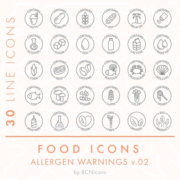 Food Contains Allergens Symbols Circle Line Icons Pack v.02 SVG, Minimalist Food Allergy Warnings Clip Art PNG, Food Safety Badge Symbols