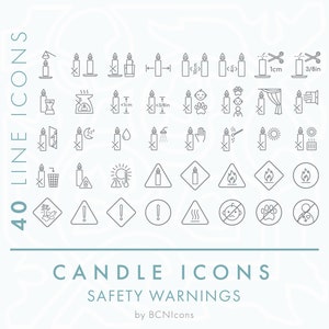 Candle Warnings Symbols Line Icon Set SVG, Minimalist Candle Packaging Clip Art Bundle png, Wax Melts Warning Vector Icon