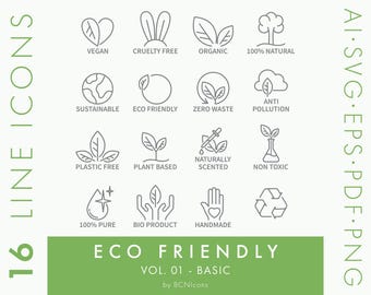 Eco Friendly Line Icons Vol. 01 BASIC PACK svg, Minimalist Green Packaging Clip Art png, Sustainable Natural Product Symbol Vector Icons