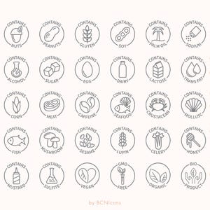 May include: A collection of 30 line icons denoting common allergens and ingredients, such as nuts, gluten, soy, and dairy. The icons are circular with the word "Contains" above each symbol, and are outlined in grey on a cream background.