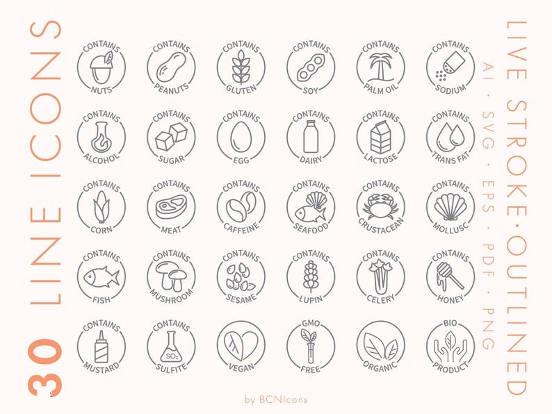 May include: A collection of 30 line icons denoting common allergens and ingredients, such as nuts, gluten, soy, and dairy. The icons are circular with the word "Contains" above each symbol, and are outlined in grey on a cream background.