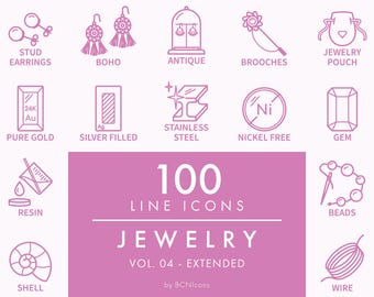 EXTENDED PACK Jewelry Line Icons Vol. 04 SVG, Minimalist Jewellery Clipart, Bijouterie Accessories Material Product Symbol Vector Icons