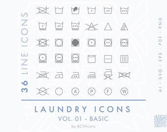 Laundry Care Symbols Line Icons Pack SVG, Minimalist Textile Care Icon Bundle PNG, Clothing Washing Instructions Vector Icons Bundle