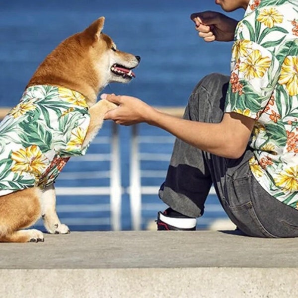 Dog and Mom/Dad Matching clothes Sets. Small to Large Dogs. Hawaiian Summer Flower Shirts for pets and adult family outfit. Sold Separately