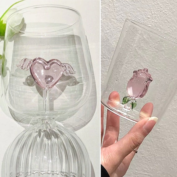 3D Glass Art Cups Handmade Pink Heart, Rose Glass in Glass Cups Unique  Romantic Glasses for Wine, Cocktail, Multi-use. Japanese Cute 