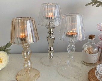 Lantern Candle Holders for Tea Lights - Home interior decoration objects. Clear or Golden Tanned Colors. Vintage , Romantic Home House Ideas