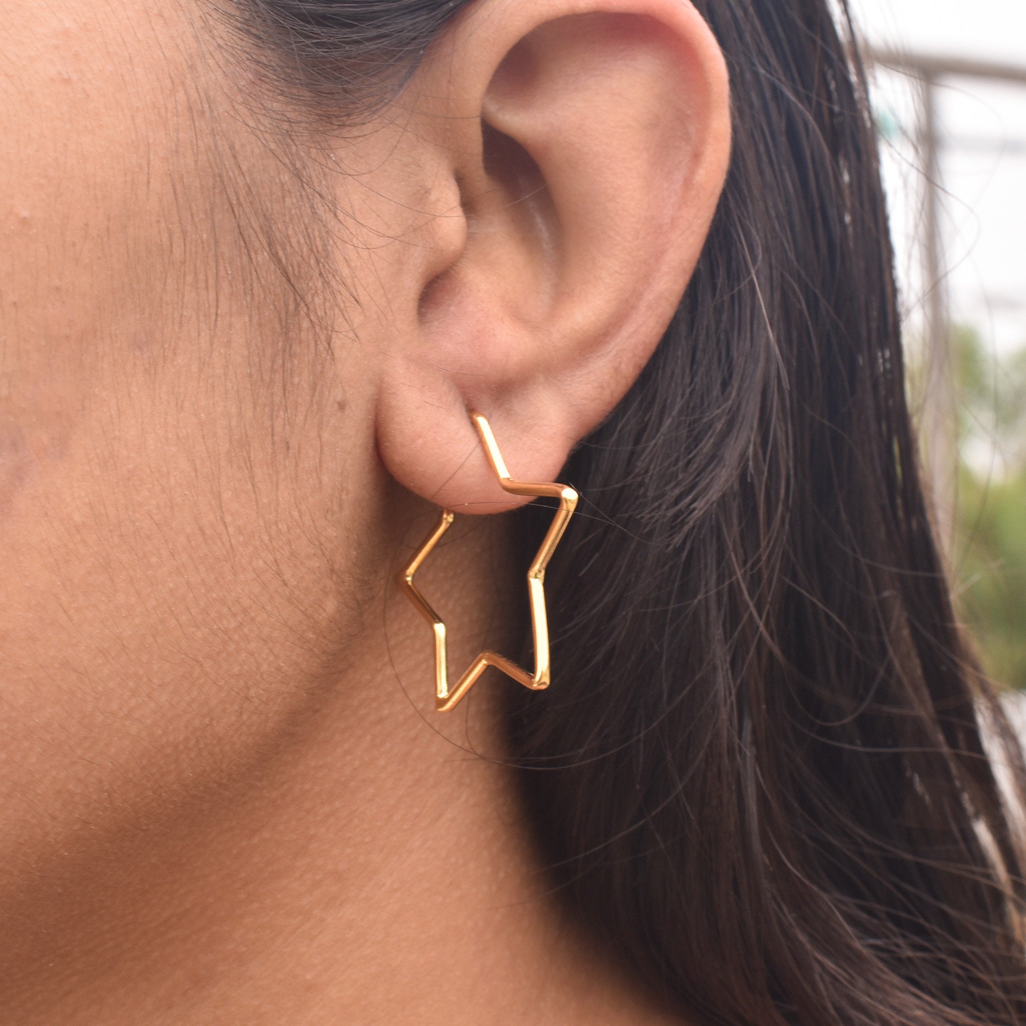 SOLID Star Hoop Earrings Large Geometric Thin Delicate Silver Etsy UK