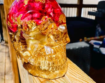 Clear Resin Art Skull Sculpture with Carnation and Gold Leaf