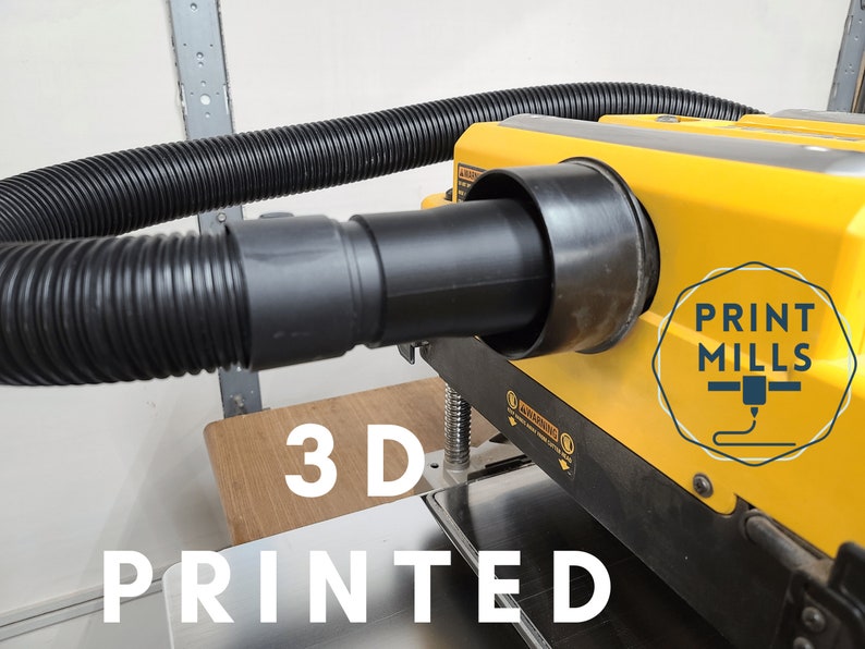 May include: A yellow and black 3D printed dust collection adapter for a wood planer. The adapter has a hose connection and a label that says "PRINT MILLS".