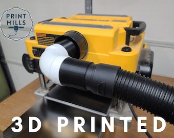 May include: A 3D printed adapter for a yellow power planer, connecting a black dust hose to the planer's dust port. The adapter is white and black and has a 90-degree bend. The text "3D PRINTED" is visible in the image.