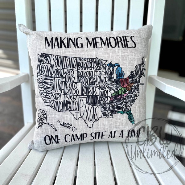 Making Memories One Camp Site At A Time Throw Pillow Cover, US Travel Camper Decor, Custom RV Pillow, Road Trip Tracking Map, Adventure Sham