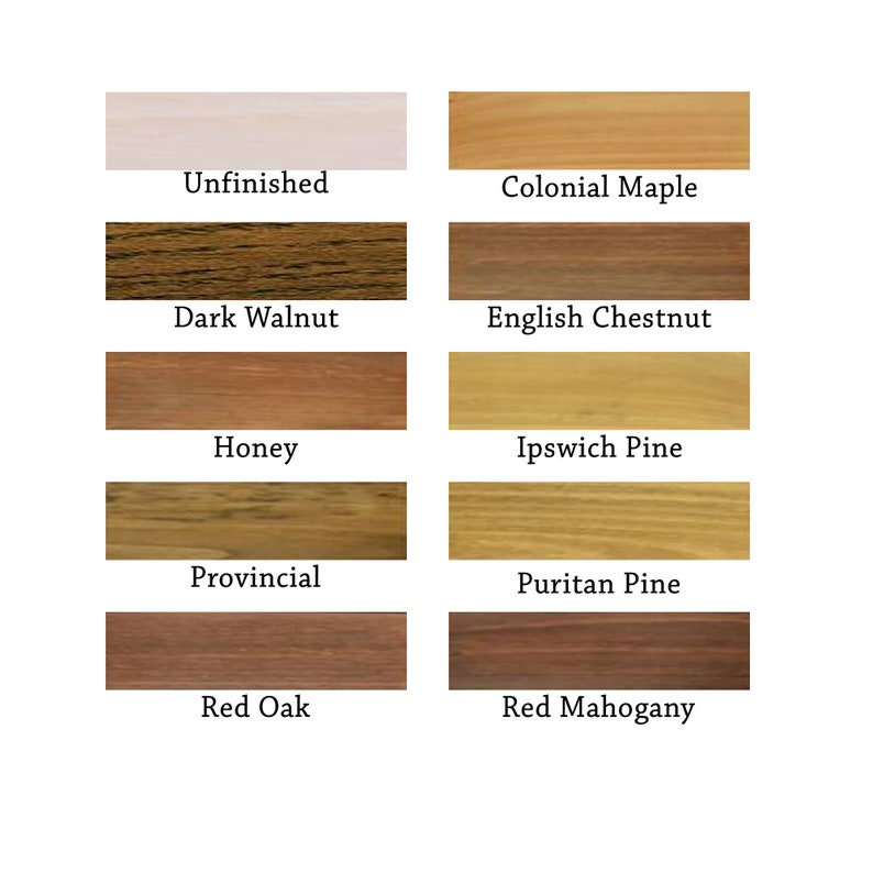 May include: A collection of wood stain color samples, each labeled with a name. Colors range from light, unfinished wood to dark shades like Dark Walnut and Red Mahogany. The text labels include "Unfinished", "Colonial Maple", and "Red Oak".