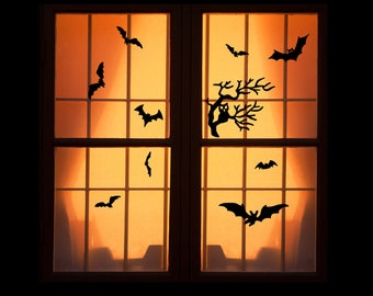 Reusable Halloween Window Clings - Owl on Branch with Bats