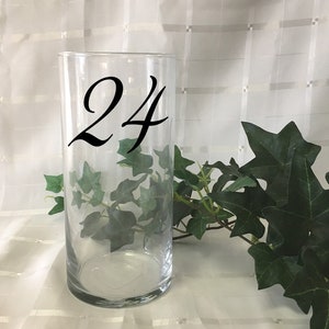 May include: A clear glass cylinder vase with the number 24 in black script. Green ivy leaves are visible inside the vase and to the right. The vase is set against a white backdrop.