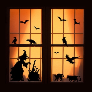 Reusable Halloween Window Clings - Witch with Cauldron, Black Cats, Bats, Crows