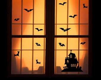 Reusable Halloween Window Clings - Haunted House with Bats