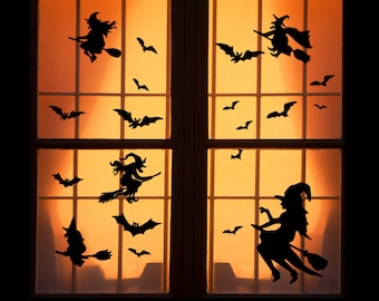 Reusable Halloween Window Clings - Flying Witches and Bats