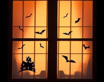 Reusable Halloween Window Clings - Haunted House with Bats