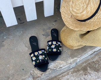 Flower print summer slides with leather insole