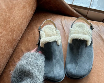 Outdoor slippers; suede clogs with fur