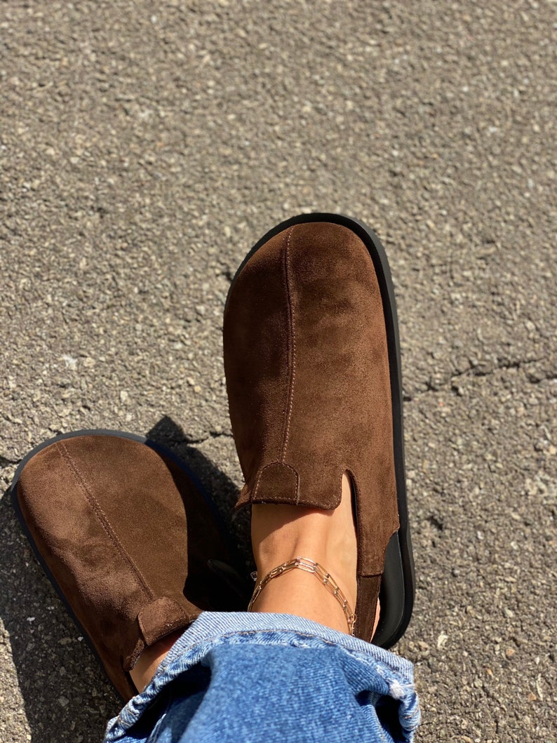 suede slip on clogs