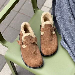 Sheepskin suede clogs; cozy boots; outdoor slippers; suede clogs with fur linen