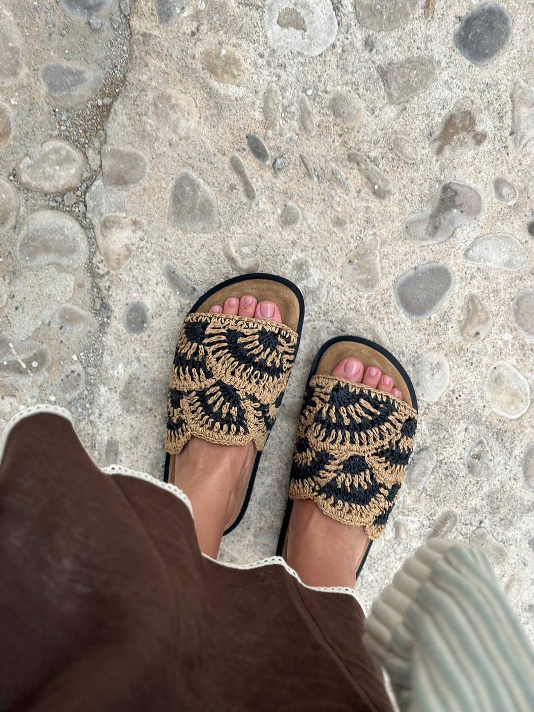 Raffia Slides With Suede Linen Boho Chic Slides - Etsy