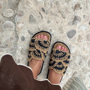 Raffia slides with suede linen; boho chic slides