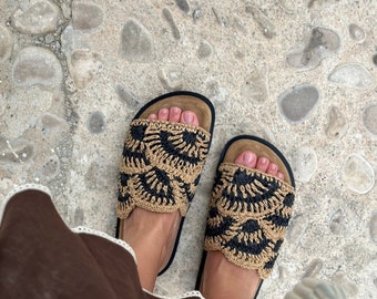 Raffia slides with suede linen; boho chic slides