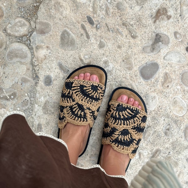 Raffia slides with suede linen; boho chic slides