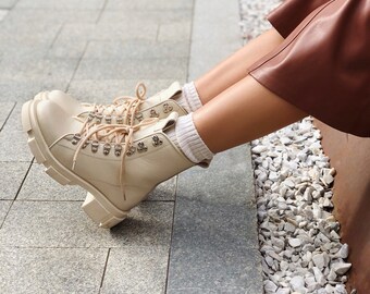Beige Leather Boots - Etsy