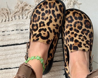 Leo clogs; leather animalistic clogs; Leo print