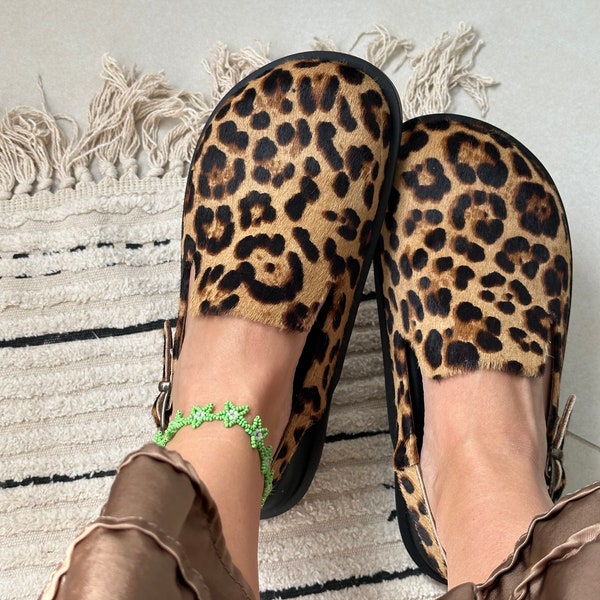 Leo clogs; leather animalistic clogs; Leo print