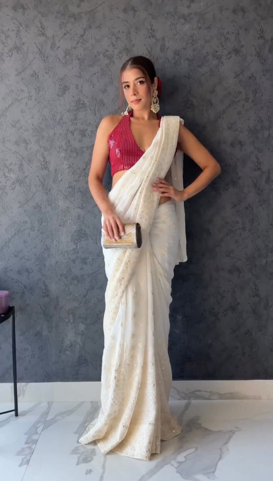 Beautiful Faux White Colour Saree With Sequins Embroidery — free download