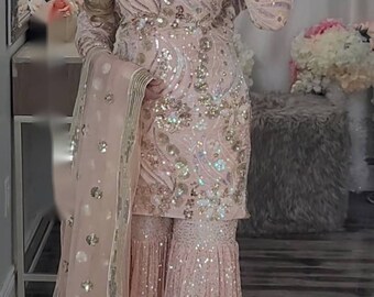 Designer Peach Sharara Suit For Women and Girls with Sequence Embroidery Work, Party Wear Suit, Wedding Party Wear Suit top sharara suit