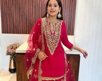 Exclusive Red Garara Sharara Shalwar Kameez Wedding Wear Fancy Wedding Sharara Designer Indian Party Suit With sequins Work dupatta Palazzo