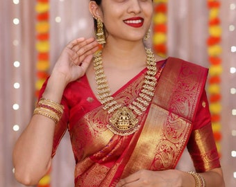 Red Color Kanchipuram Soft Lichi Silk Saree With Readymade Stitched Blouse In USA | UK  Weaving Work Wedding Wear Party Wear South Saree