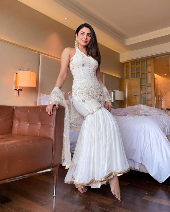 White Embroidered Sharara Suit 
