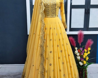 Pure Yellow Anarkali Gown, With Georgette Dupatta