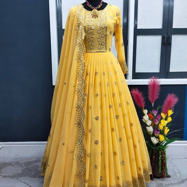 Pure Yellow Anarkali Gown, With Georgette Dupatta