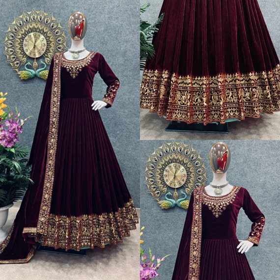 Nawab Designer Wine Velvet Anarkali Suit Set for Women Online – UrbanStree