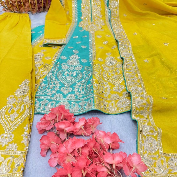 Exclusif costume jaune Chinon en soie Palazzo Kurta pour femme avec tenues de mariée pakistanaises Dupatta, robes prêtes à l'emploi Salwar Kameez