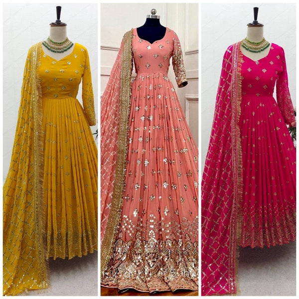 Kant-en-klare Anarkali Georgette Pakistaanse Salwarsuit-set met trending 3-delige jurk voor Indiase bruiloften voor vrouwen Ontwerper Full Flared Anarkali