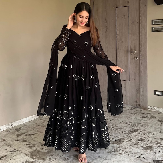Elegant Black Anarkali Gown And Dupatta Set - Vatki Store - 4251238
