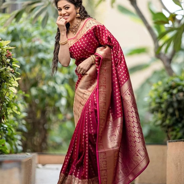 Women's Kanjivaram Soft Silk Saree With Blouse Piece, bollywood indian designer saree