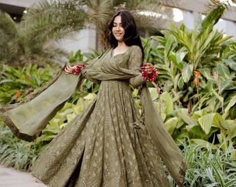 Pakistani Designer Green Color Full Flared Anarkali Suit Ready to Wear Anarkali Gown Set, Dress For Mehandi