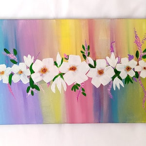 White Flowers with Rainbow Base / White Floral / Horizontal, Vertical / Abstract Art / Painting on Canvas/ Wall Art Décor/ Housewarming Gift