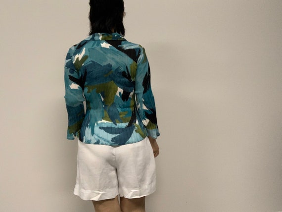 Pleated Abstract Print Shirt, Fitted Abstract Shi… - image 4